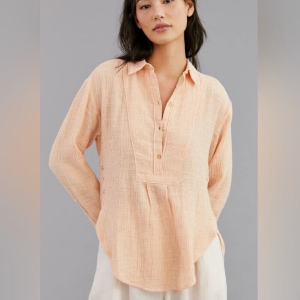 By Anthropologie V-Neck Popover Shirt Button Oversized Orange Linen Size Medium